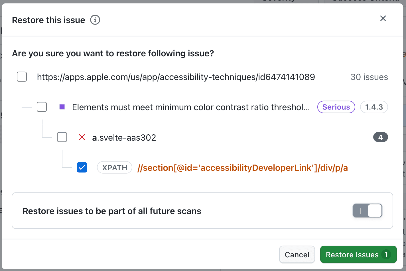 Restore issue modal for issues hidden with future scan preference