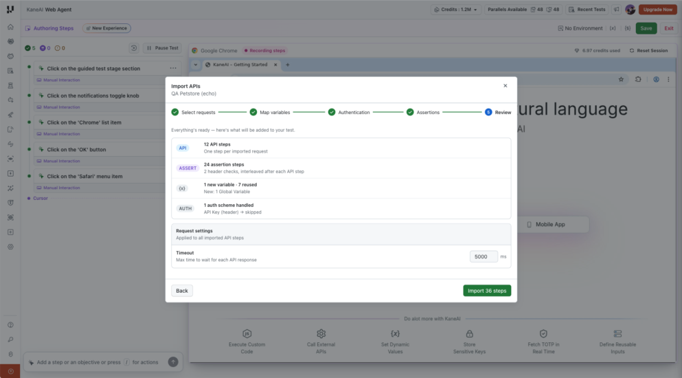 Review step summarizing APIs, assertions, variables, authentication, and the shared request timeout
