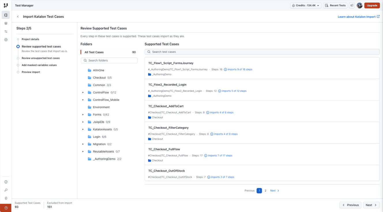Supported test cases with folder navigation and imported step counts