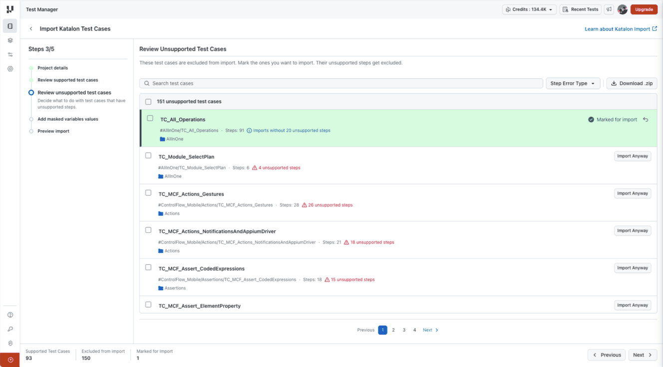 Unsupported test cases with Import Anyway actions and a case marked for import