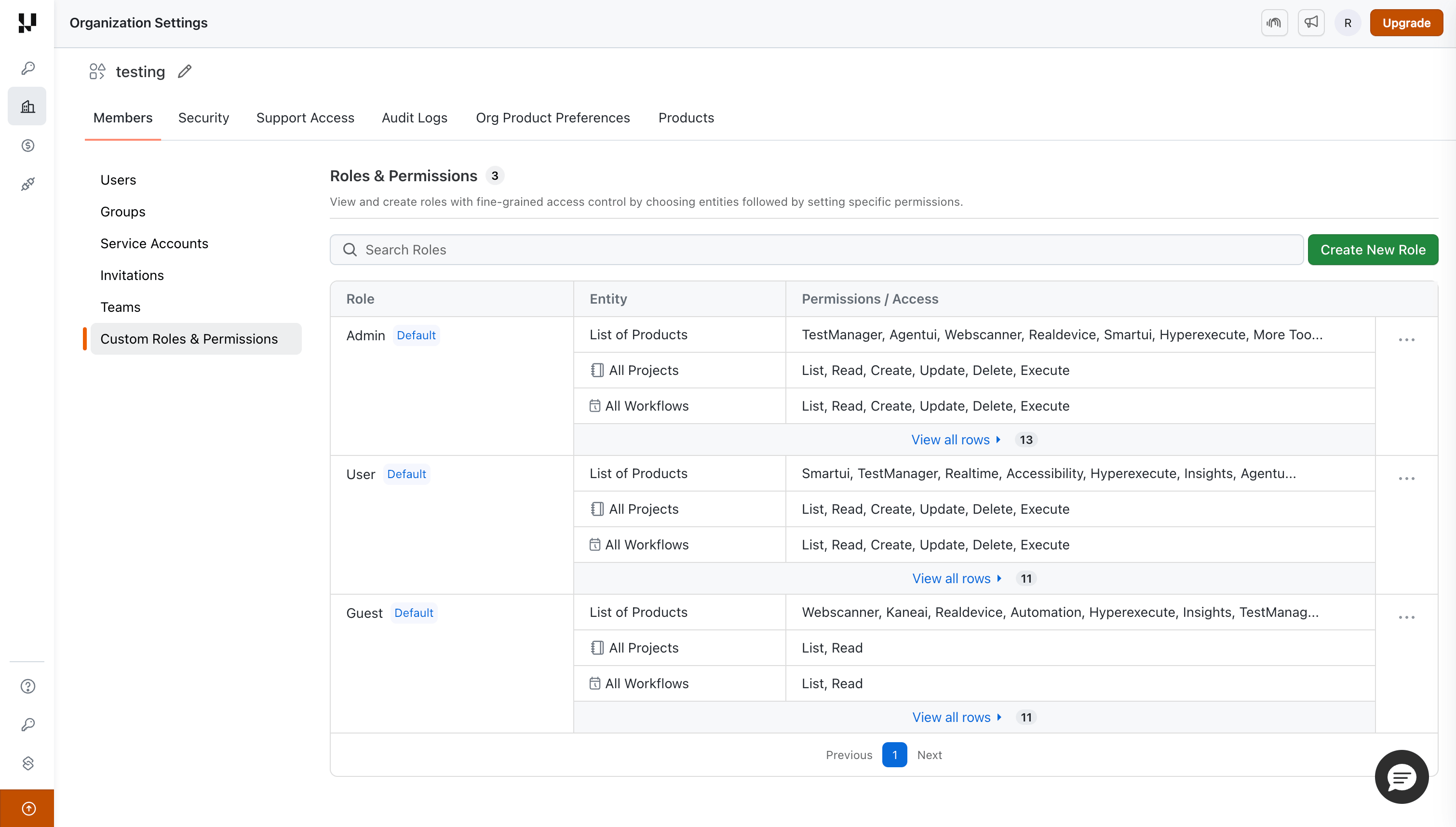 Roles and Permissions page showing default roles