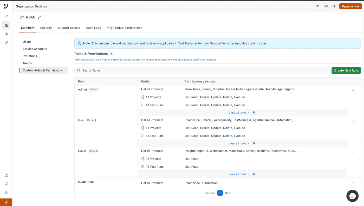 Roles and Permissions page showing default roles