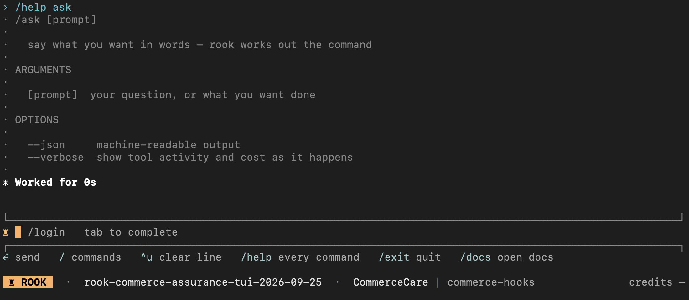 Current Rook ask command help showing JSON and verbose options