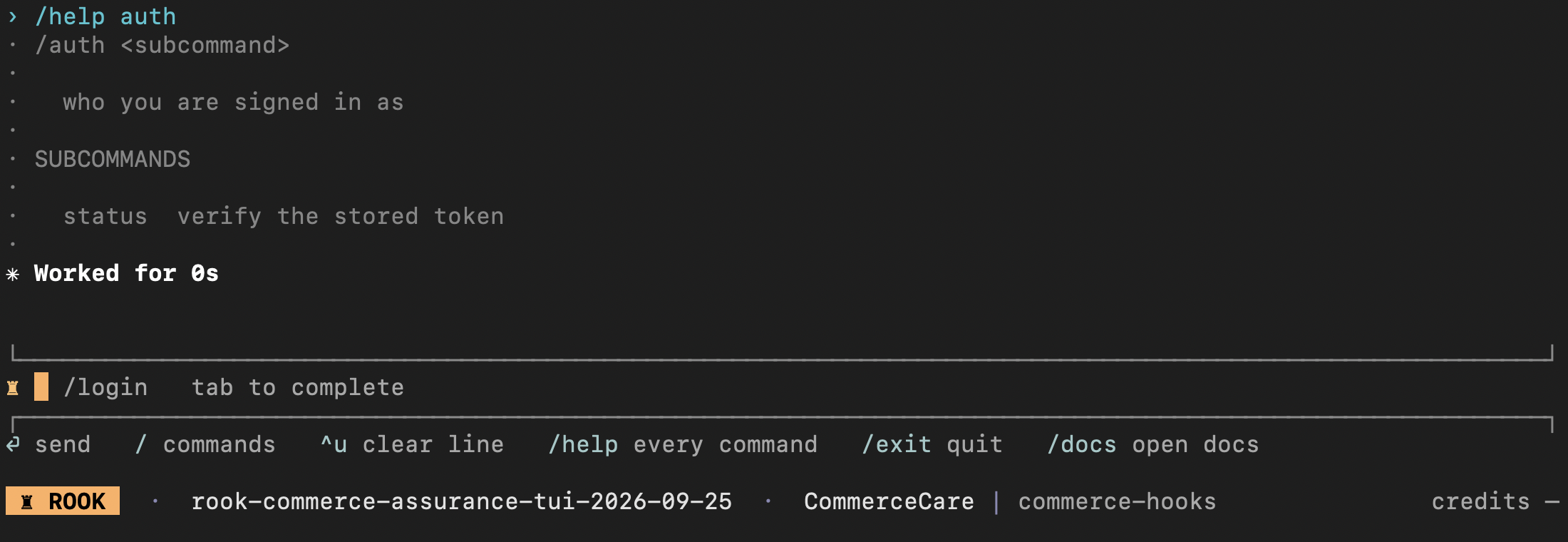 Rook auth command help showing the status subcommand
