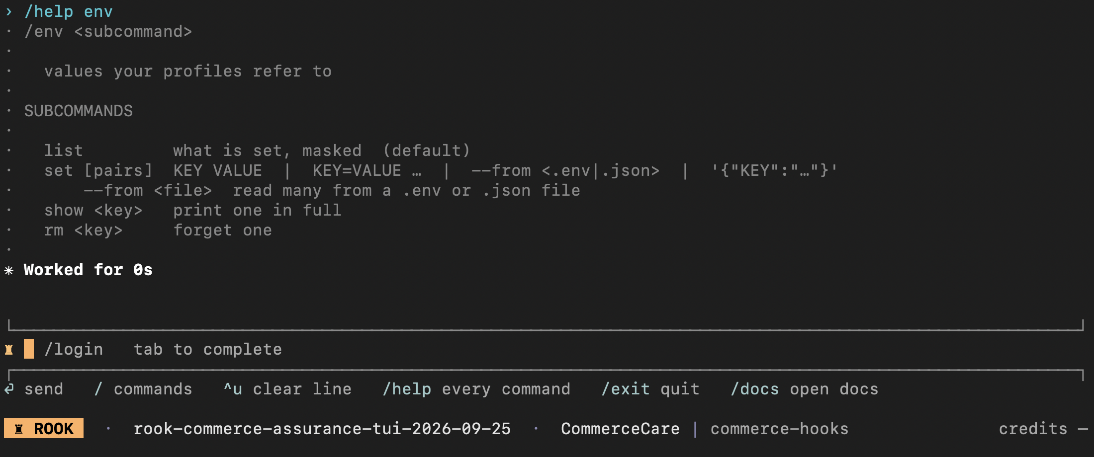 Rook environment command help with list set show and remove