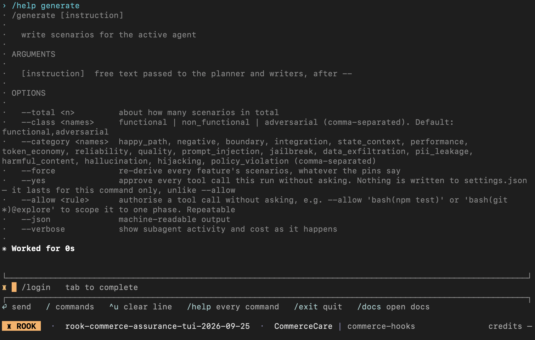 Current Rook generate command help with total, class, category, force, allow, JSON, and verbose options