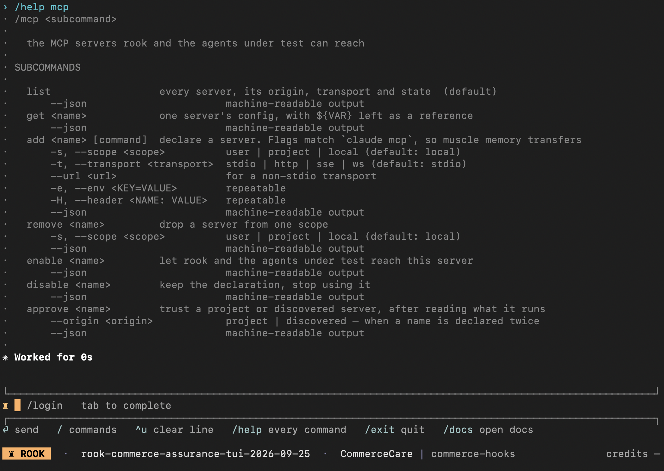 Rook MCP command help with list enable disable and approve