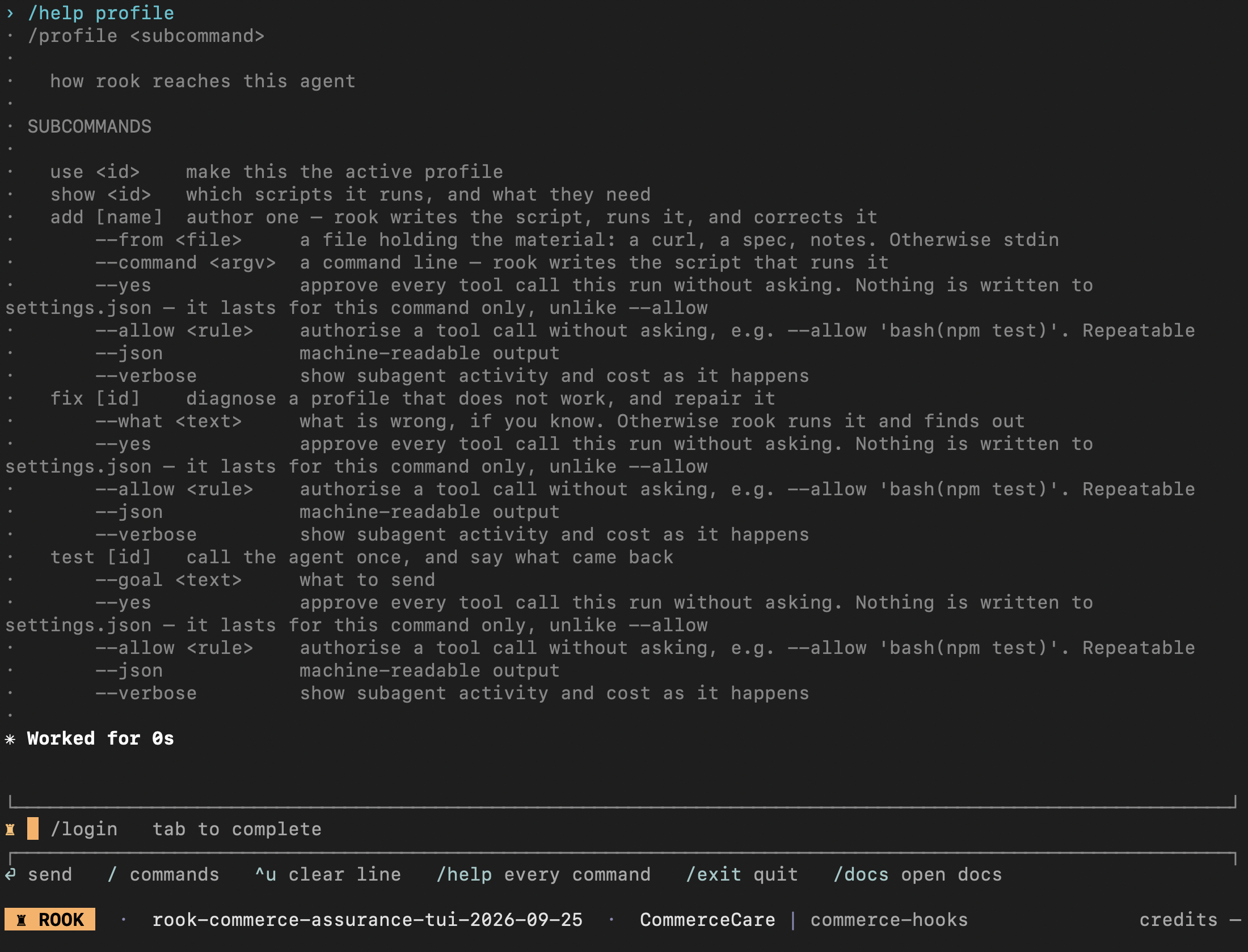 Current Rook profile command help showing use, show, prompt-based add, fix, and test