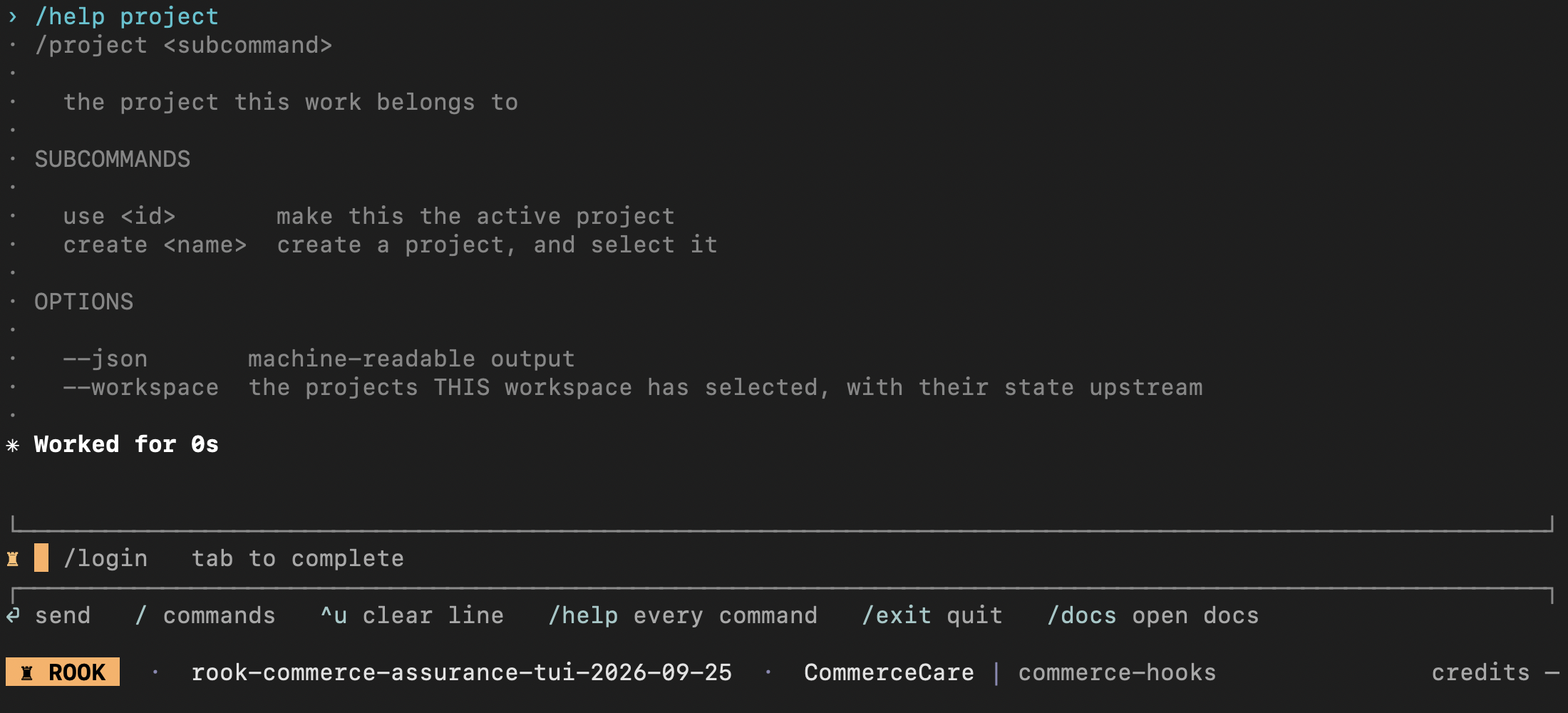 Rook project command help showing use and create subcommands