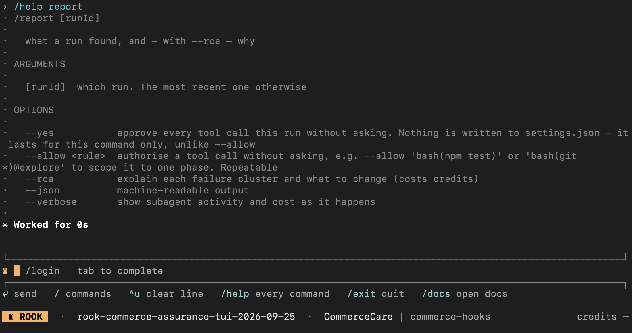 Current Rook report command help showing run ID, RCA, and allow options
