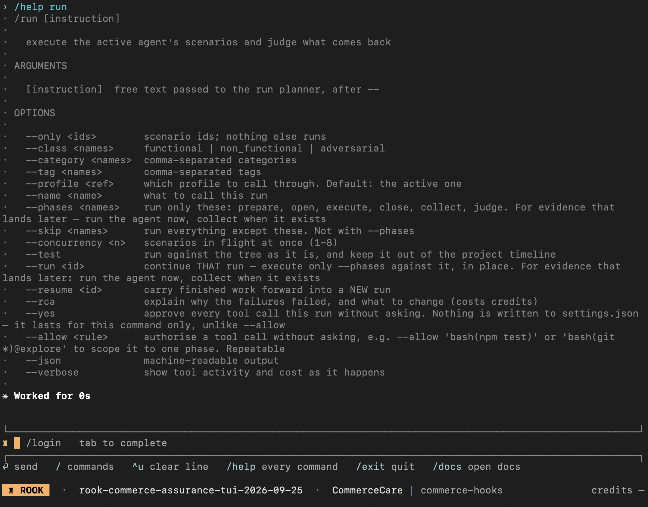 Current Rook run command help with lifecycle phases, continuation, selection, profile, test, resume, and RCA options
