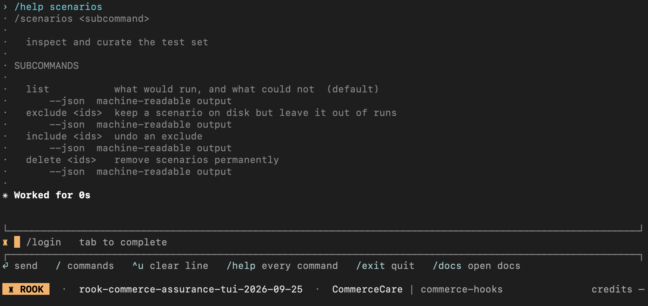 Current Rook scenarios command help showing list, exclude, include, and delete