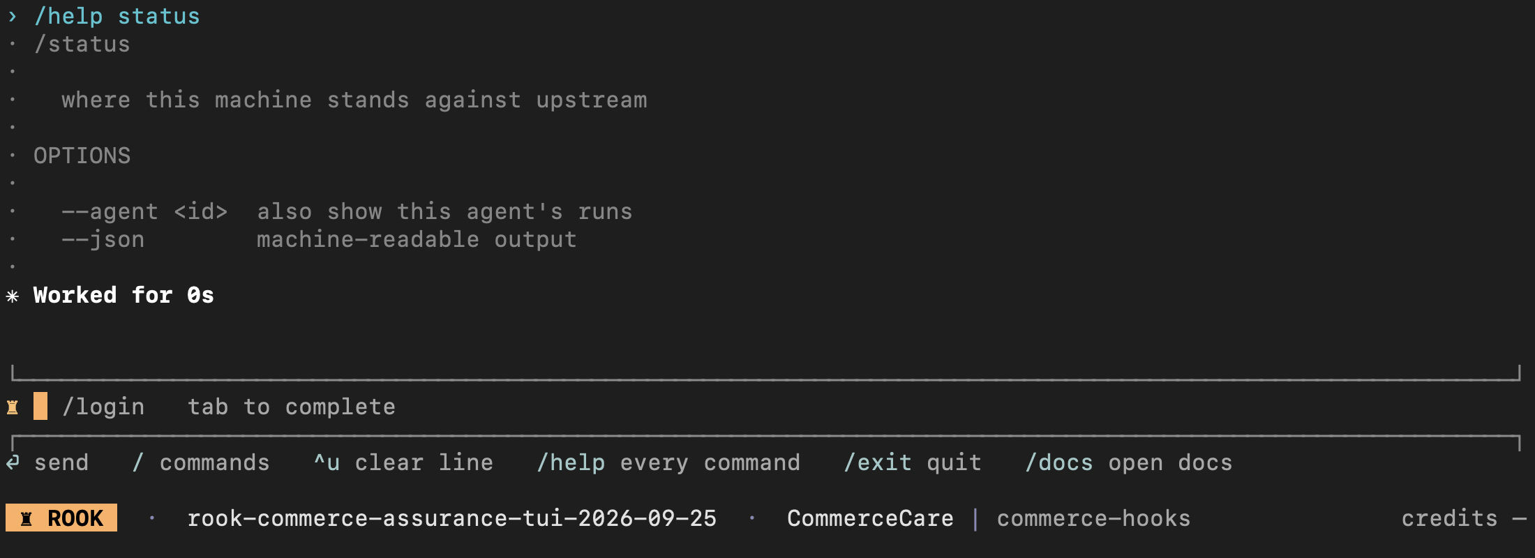 Rook status command help showing agent and JSON options