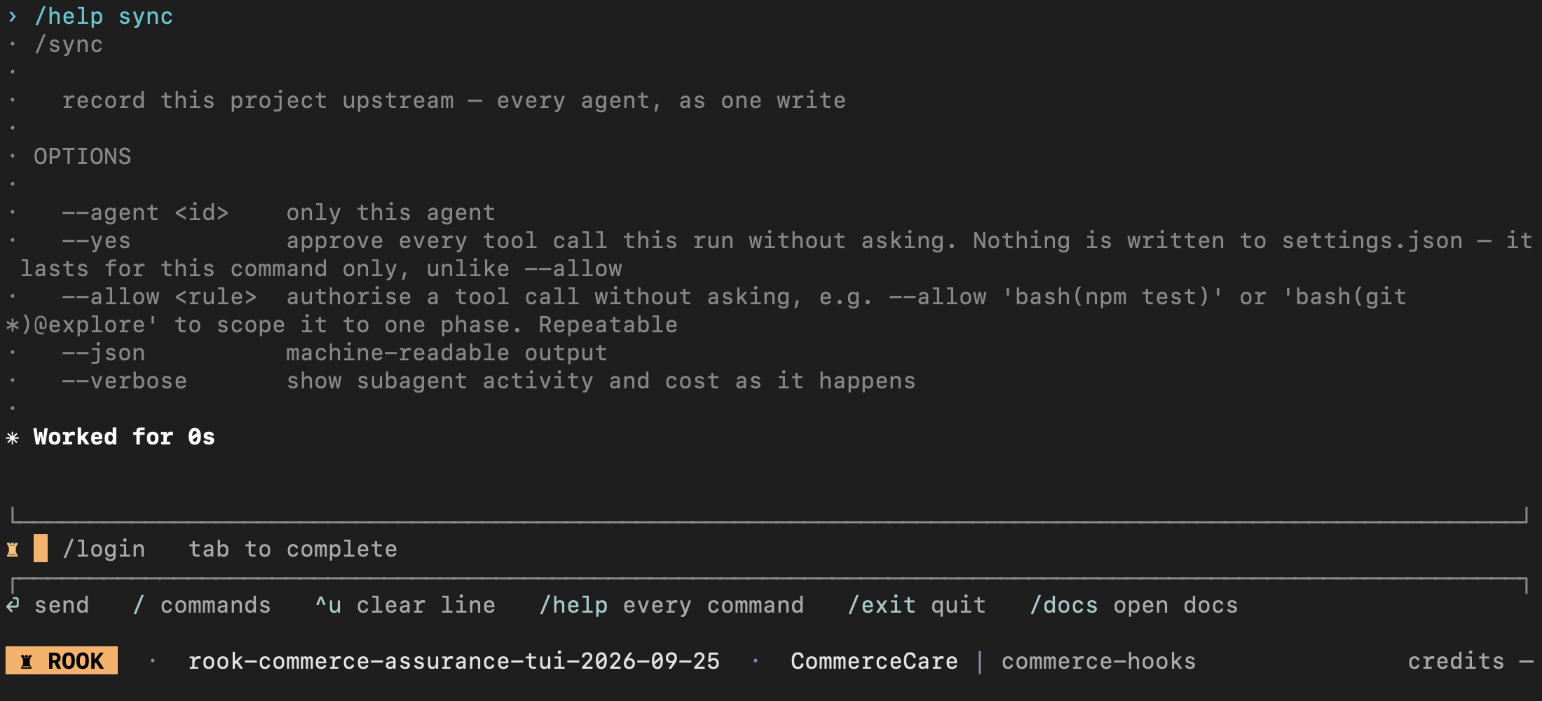 Rook sync command help showing agent and JSON options