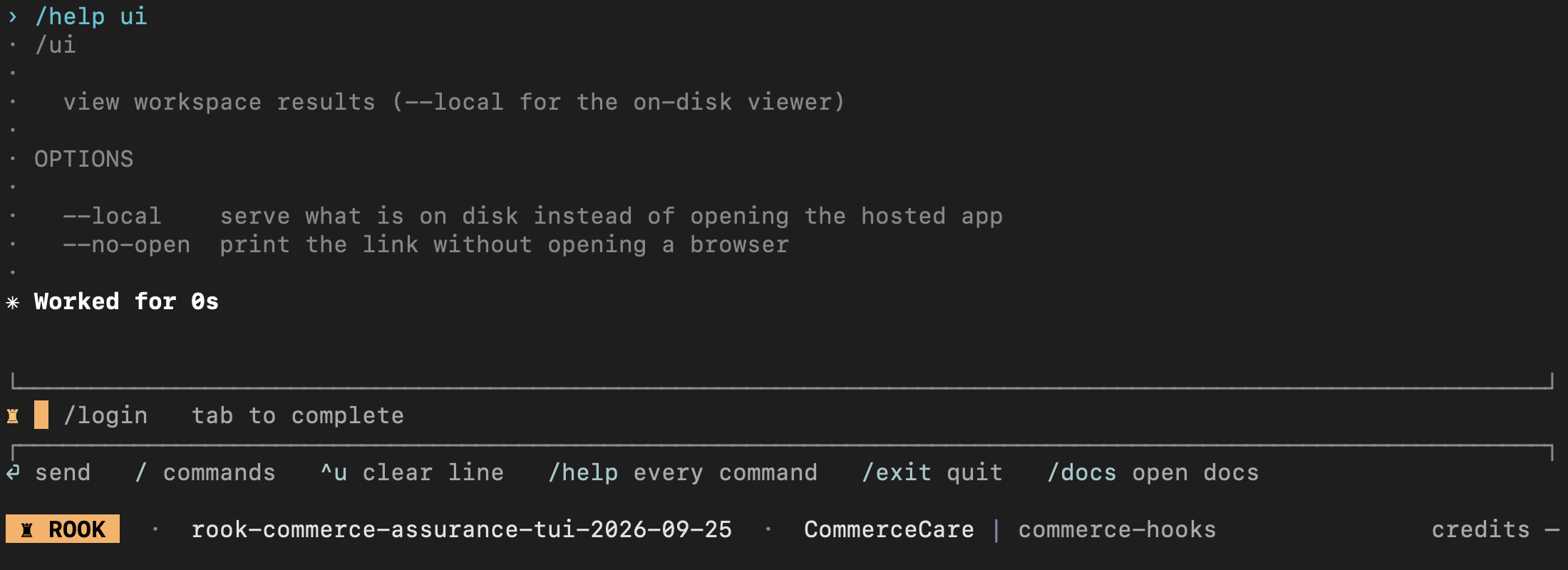 Current Rook UI command help showing local and no-open options