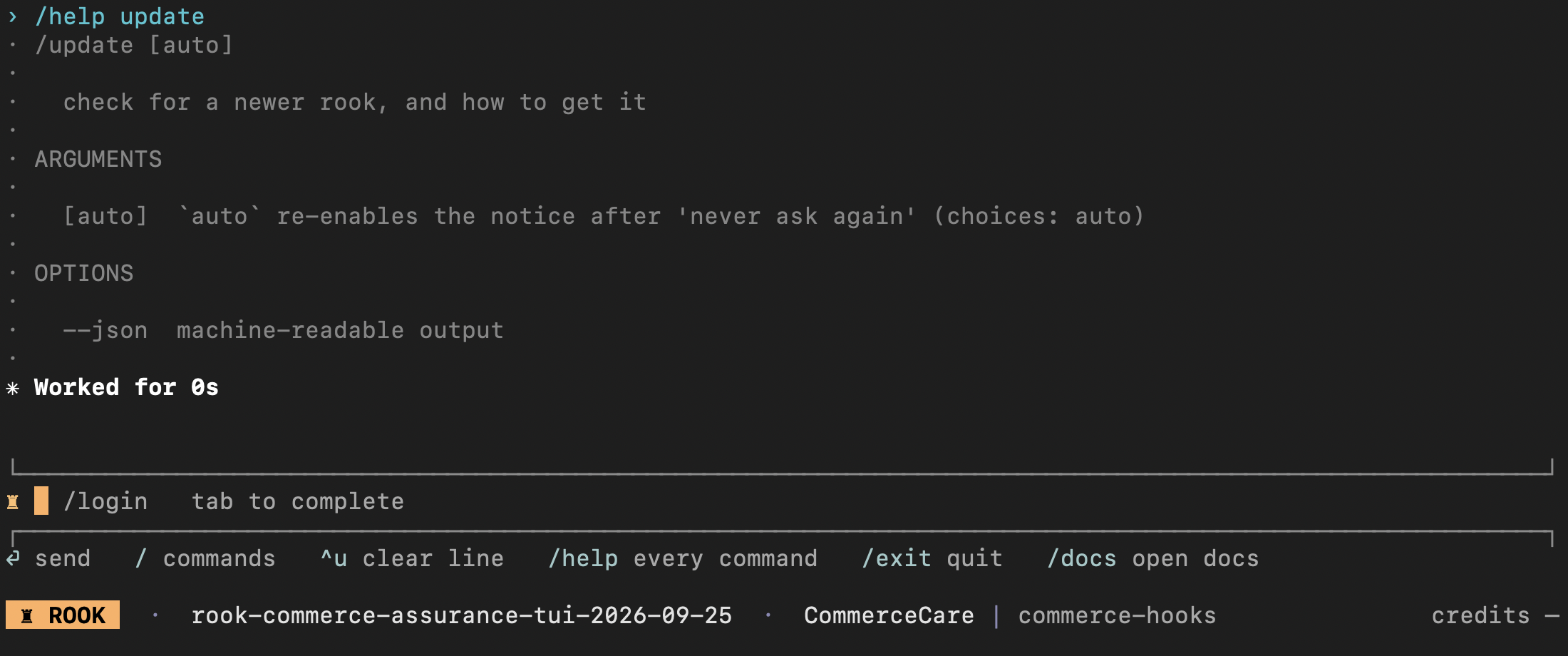 Rook update command help showing auto and JSON forms