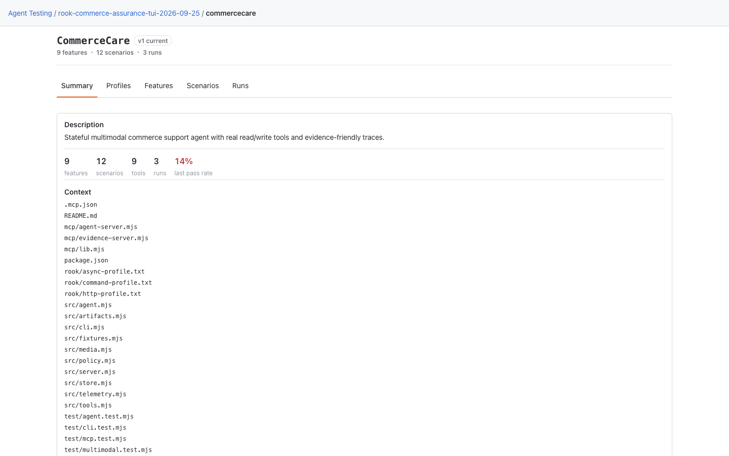 Local CommerceCare Summary showing its description, discovery counts, source context, and five agent tabs