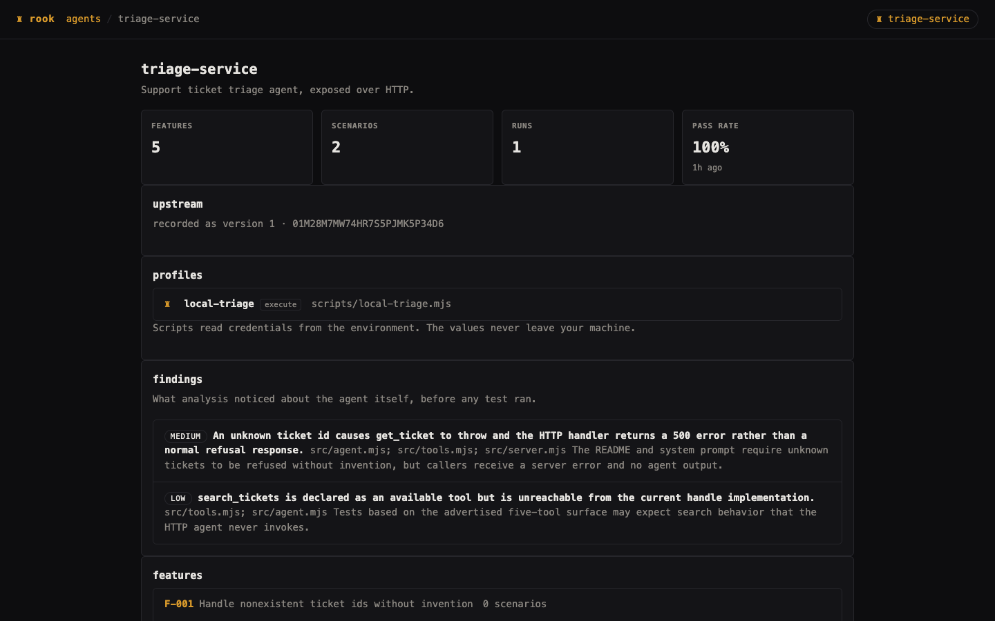 Local triage-service page with summary counts, upstream recording information, and the profile panel