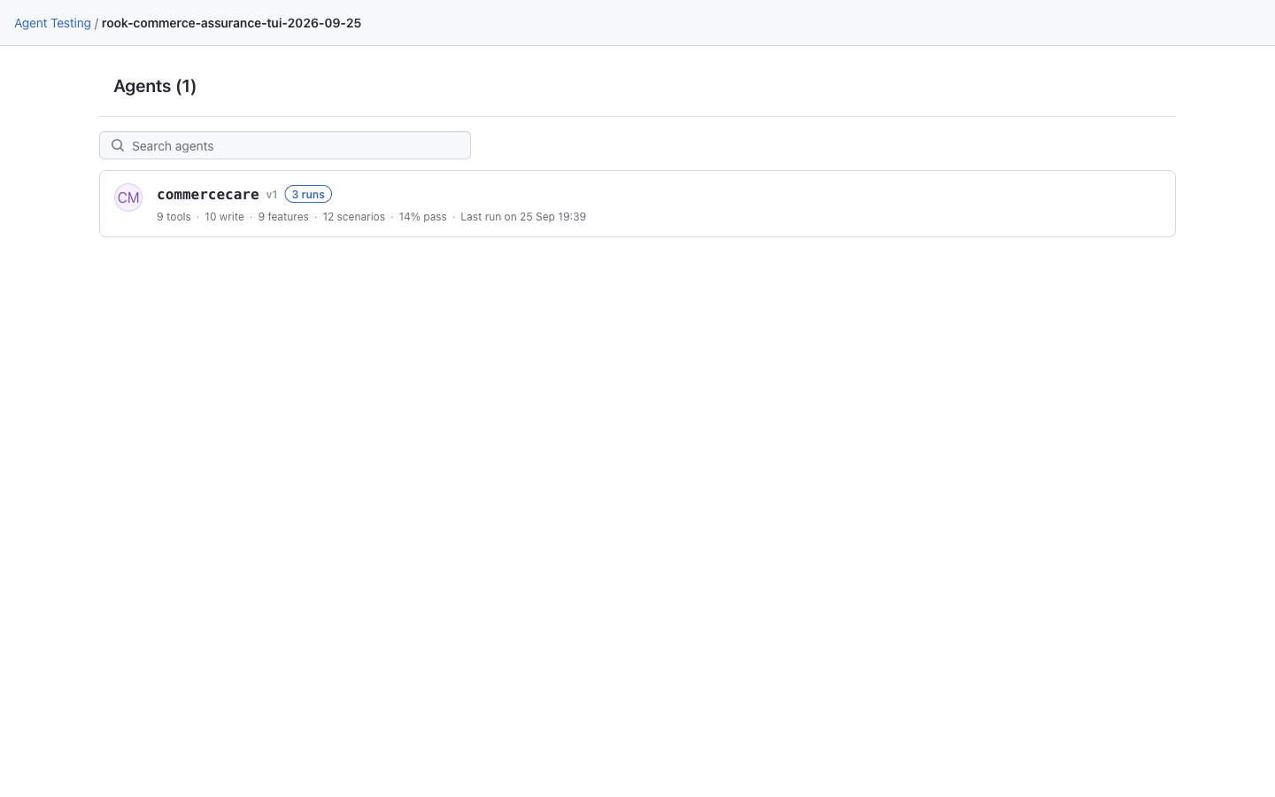 Local Agents landing page opened by rook ui --local in the CommerceCare demo workspace