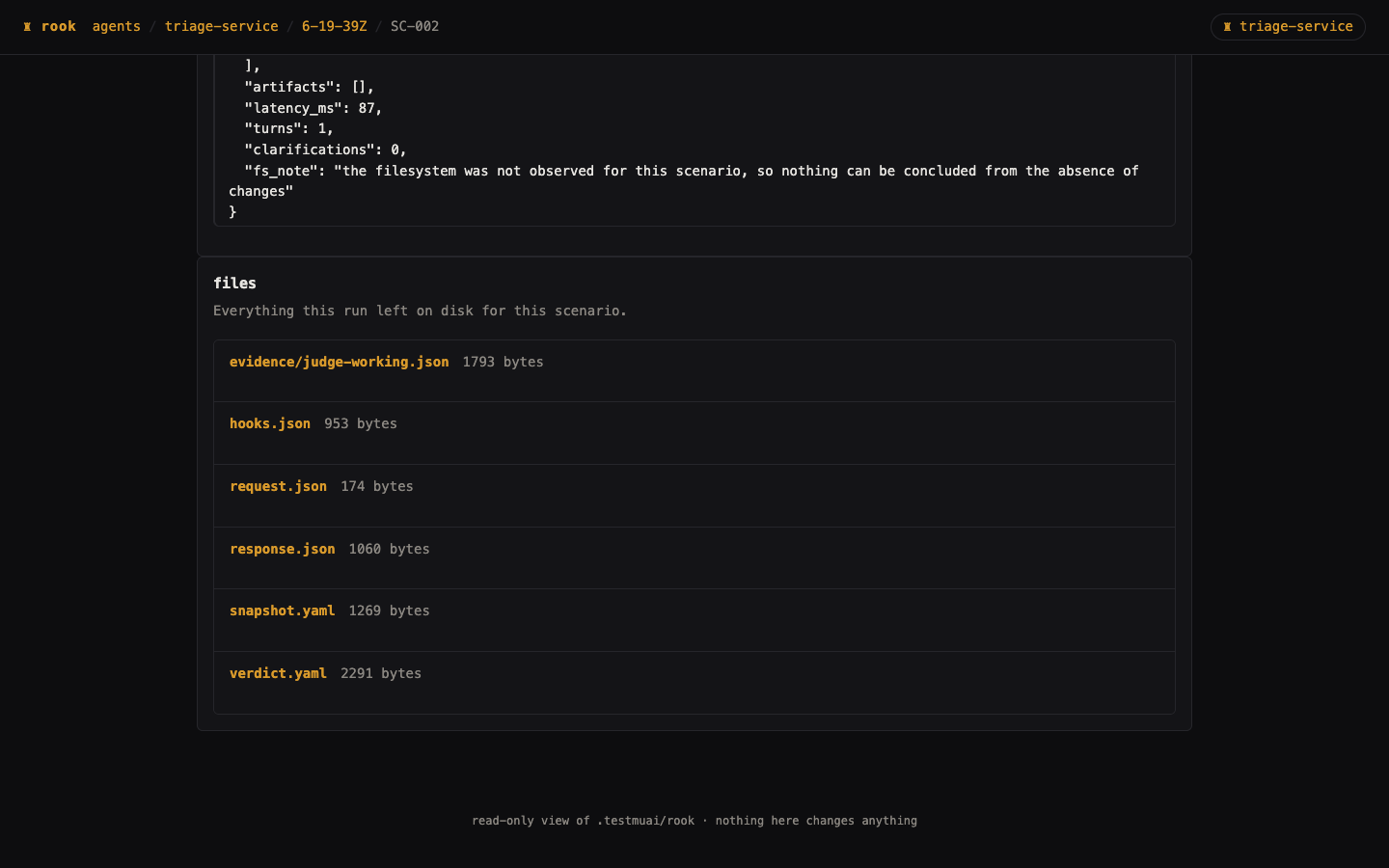 Local result evidence file list with the scenario records and judge artifact available for inspection