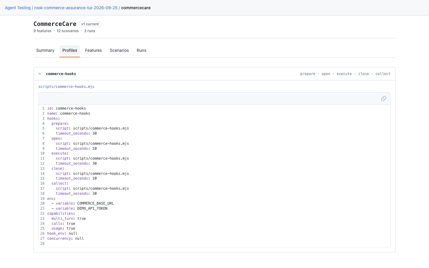 Local commerce-hooks profile declaring environment-variable names without stored credential values