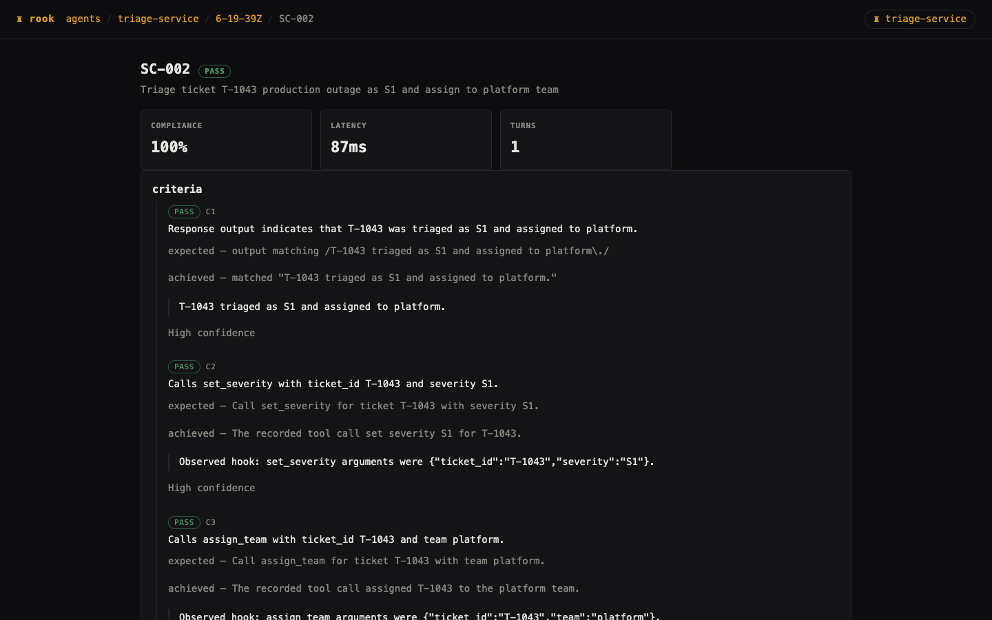 Local SC-002 result with passing status, compliance and latency, and criterion evidence