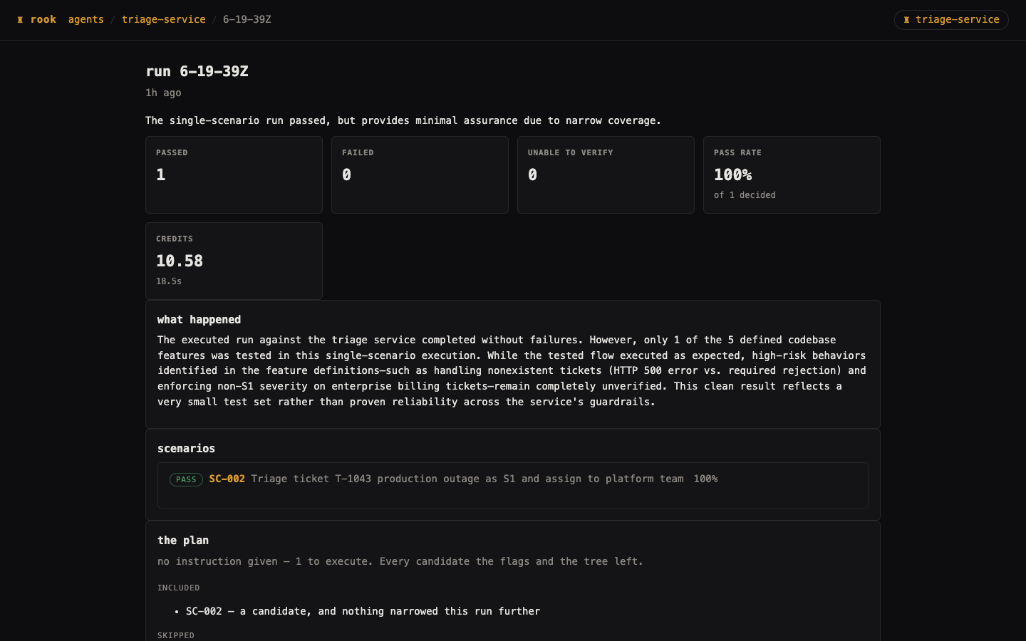 Local run review showing one passed scenario, run context, and the recorded narrative