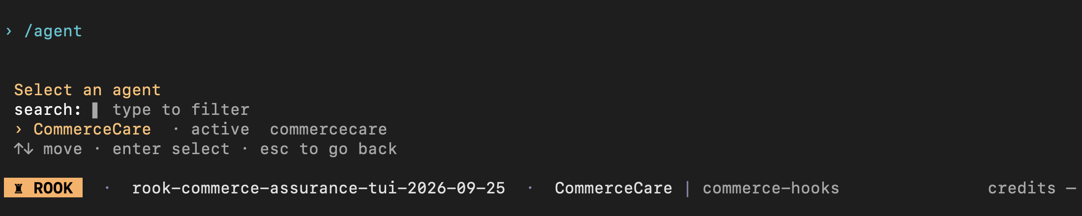 Rook interactive agent picker with CommerceCare selected, search, keyboard controls, and the active-project footer