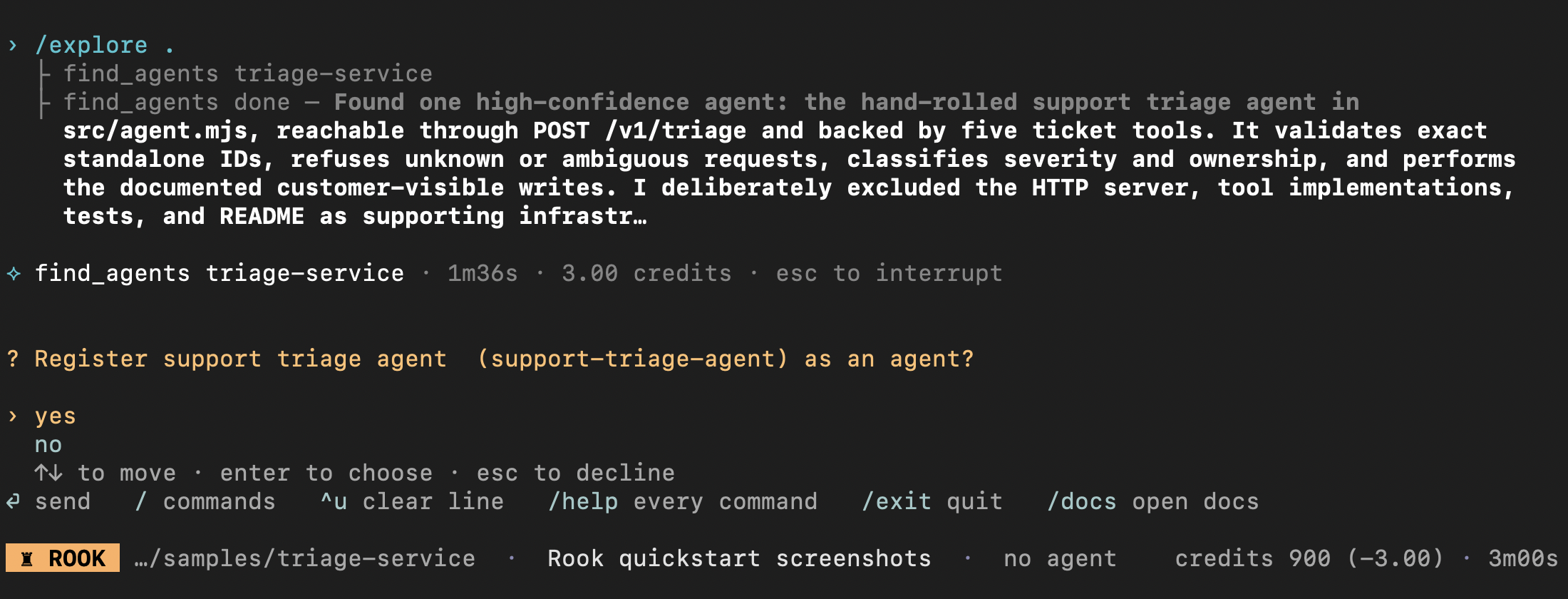 Rook exploration finding the support triage agent and asking whether to register it, with yes and no choices and a live progress footer