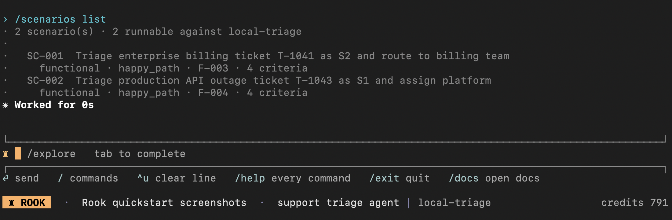 Rook listing the two generated triage scenarios, their functional happy-path classification, four criteria each, and runnability against local-triage