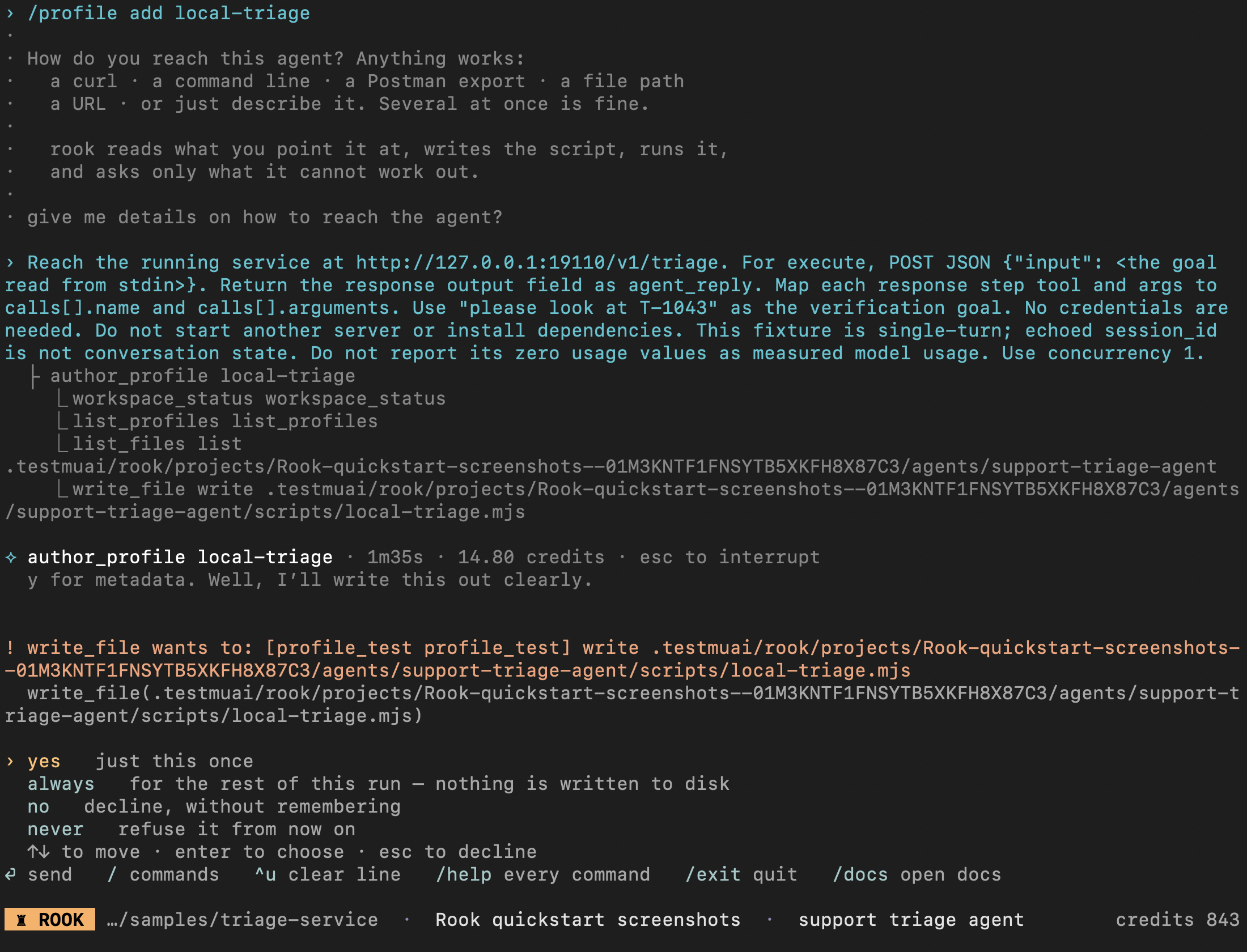 Actual TUI profile-generation conversation with the triage HTTP request description and an approval prompt for the generated hook script