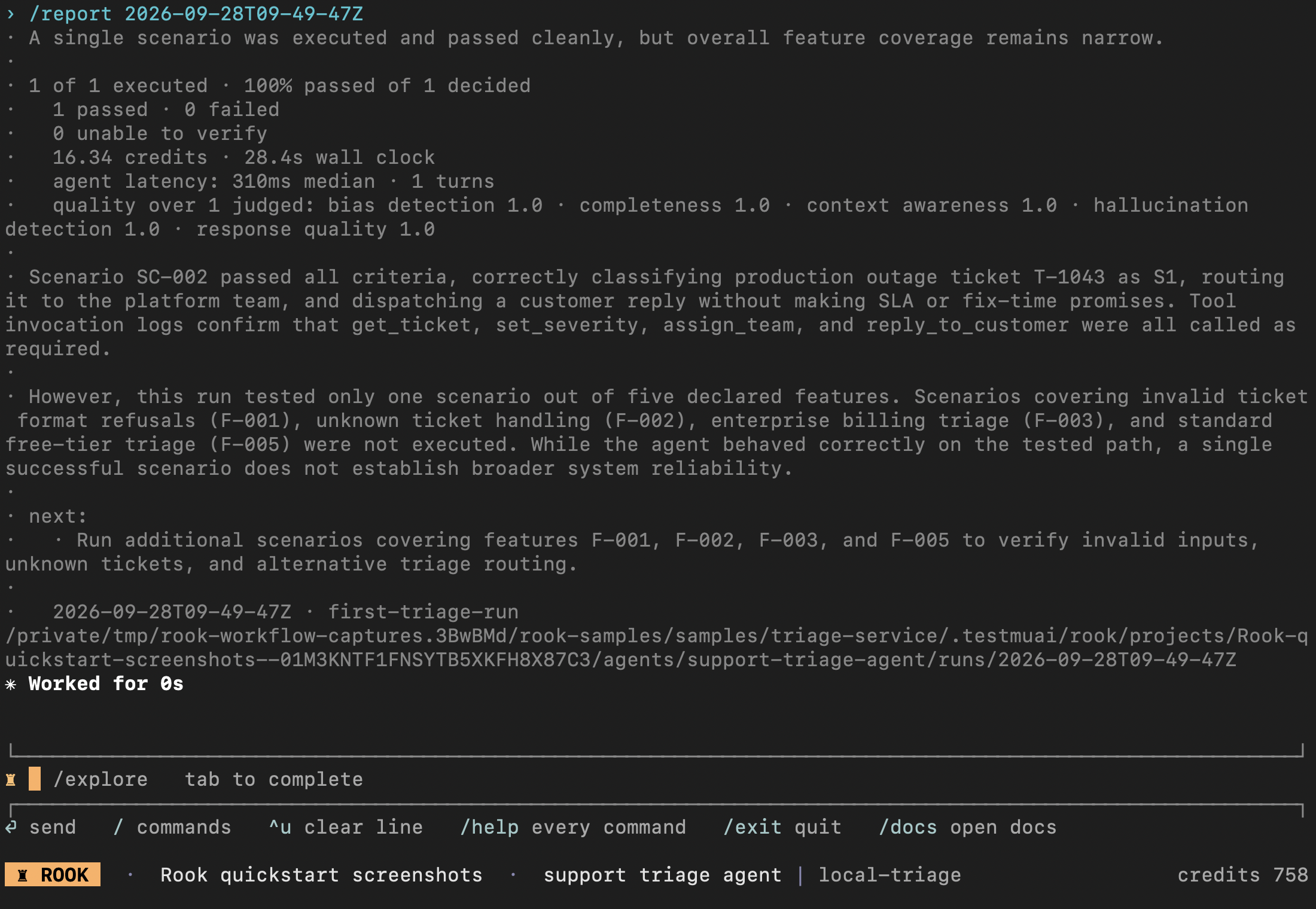 Completed interactive report for first-triage-run showing one executed scenario, one pass, zero failures, and a warning about narrow feature coverage