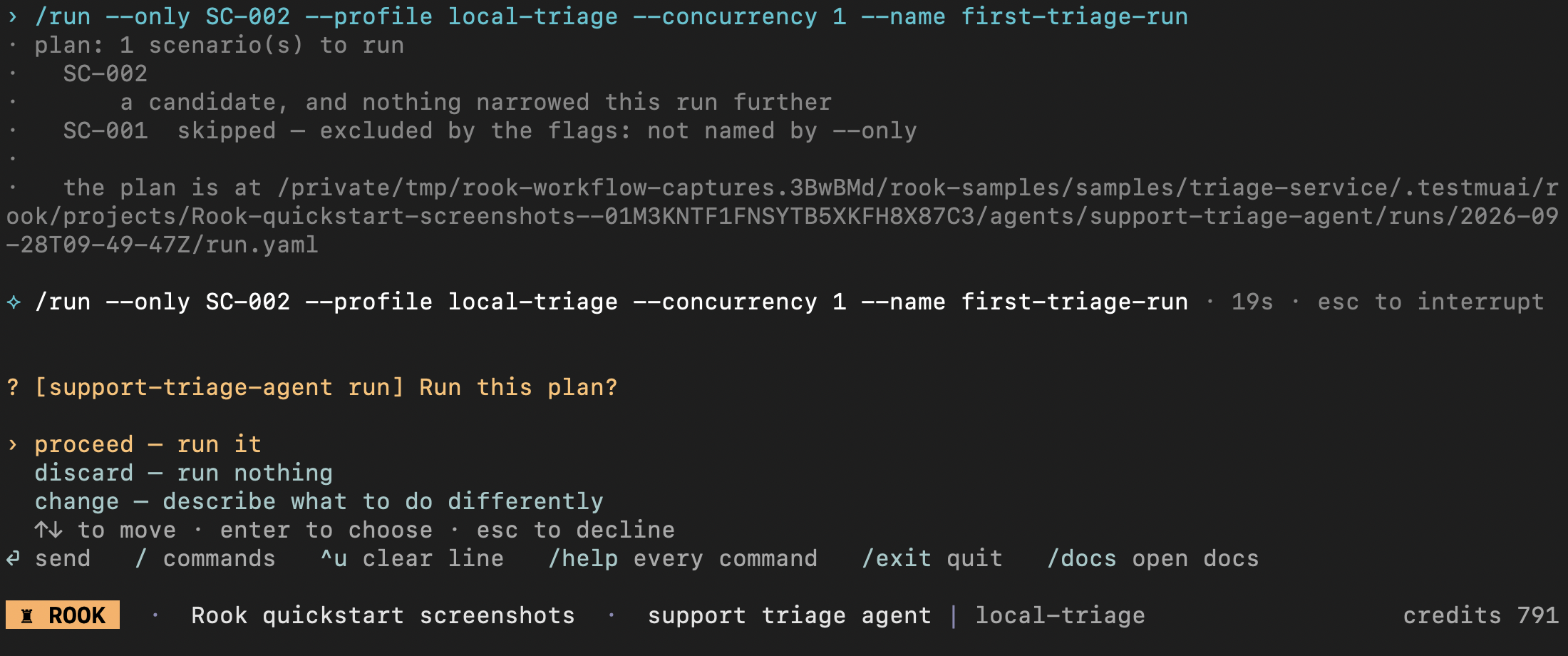 Interactive run plan selecting one triage scenario, skipping the other, and waiting for proceed, discard, or change