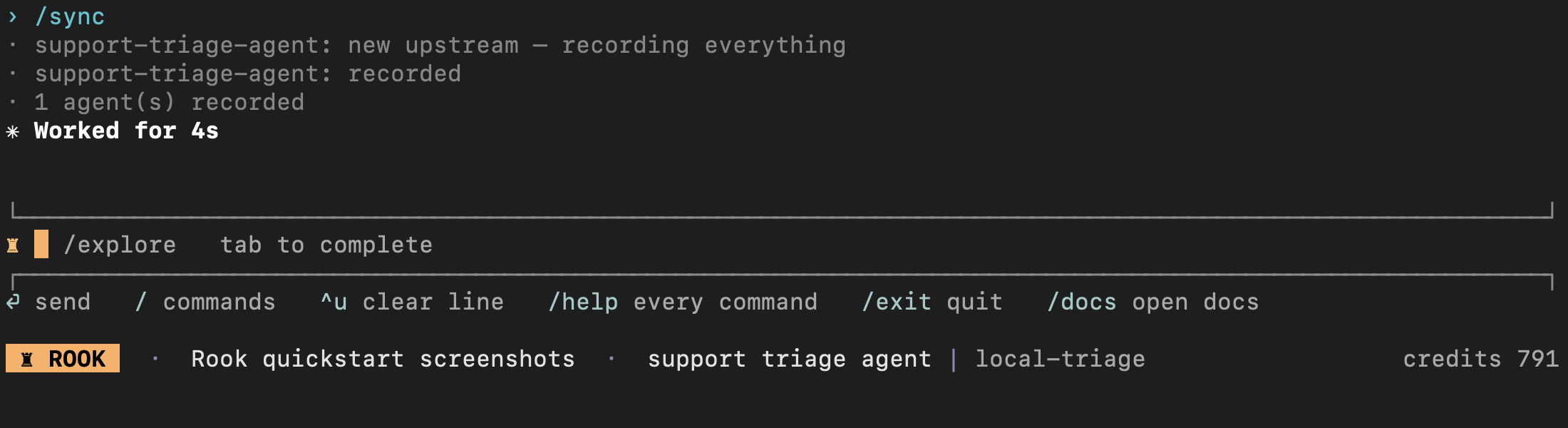 Rook synchronizing the triage agent and confirming one agent recorded upstream
