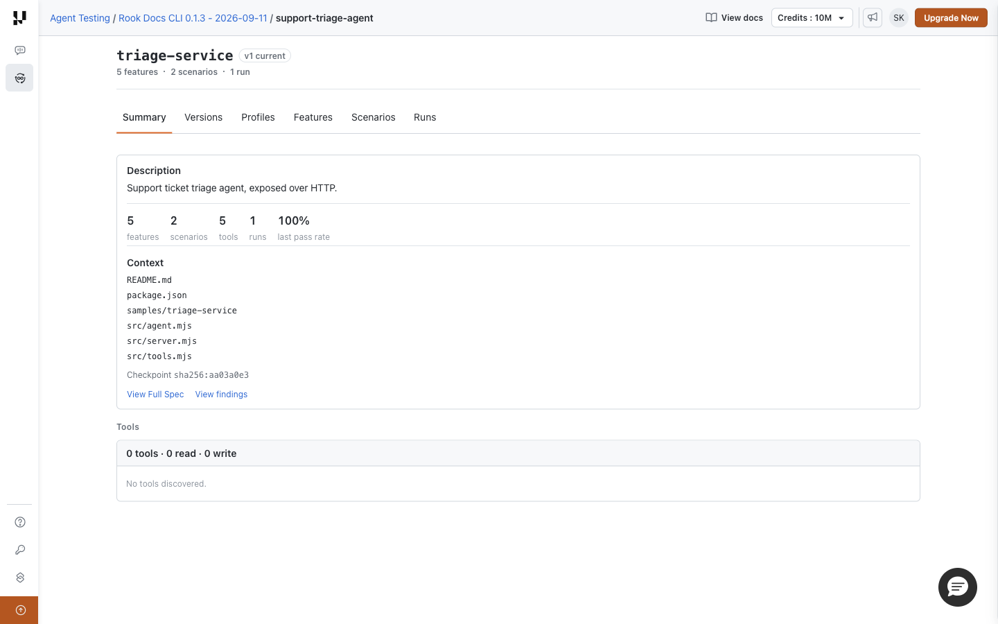 Hosted agent Summary showing discovery source context, specification and findings links, and tool counts