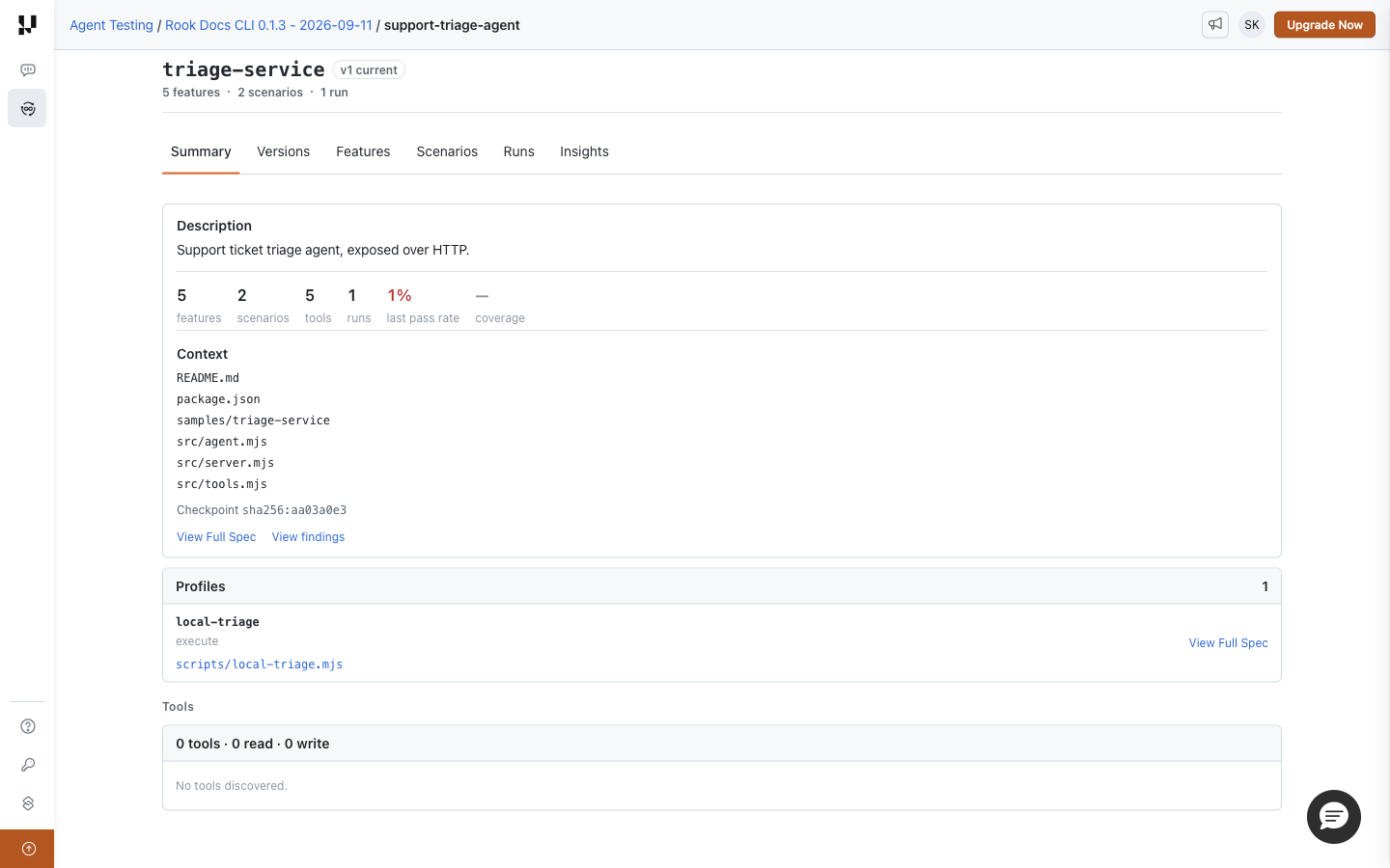 Rook Summary with description, discovery context, specification and findings links, and the local-triage profile with its execute script