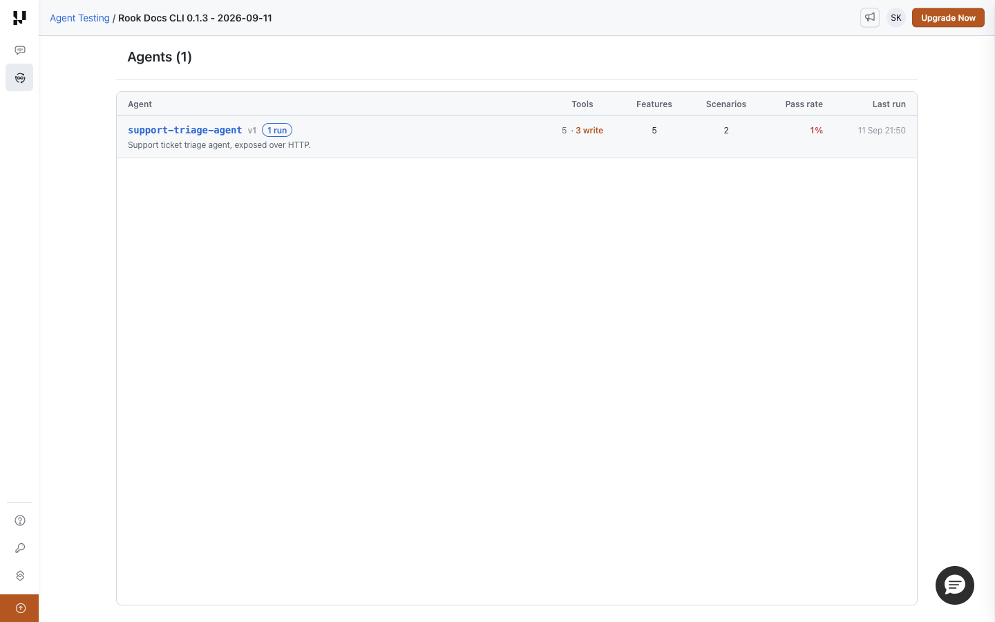 Rook Agents table showing support-triage-agent version 1, five tools including three writes, five features, two scenarios, and its last run