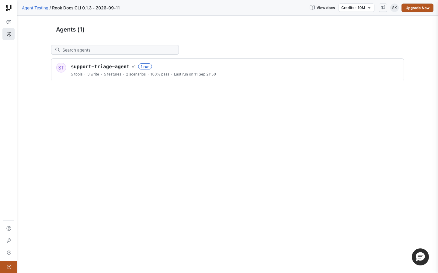 Rook Agents inventory with search and a support-triage-agent card showing version 1, five tools including three writes, five features, two scenarios, and its last run