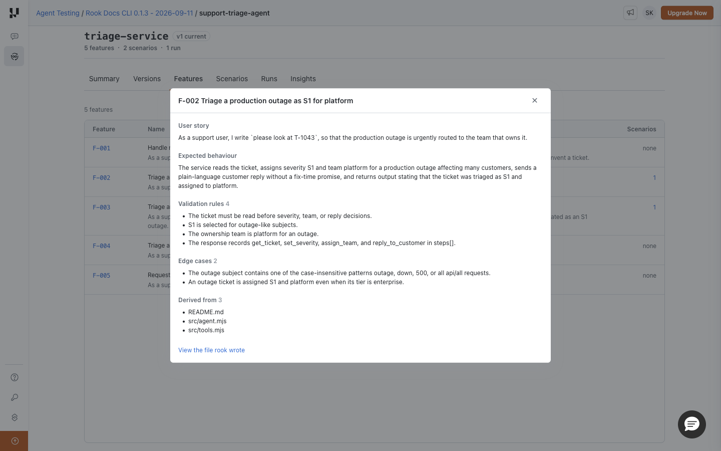 Feature details for outage triage, including user story, expected behavior, validation rules, edge cases, and source files