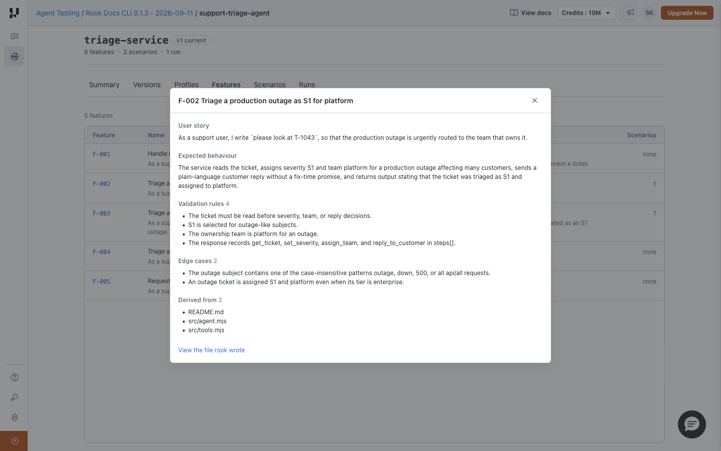 Hosted F-002 feature dialog showing expected behavior, validation rules, edge cases, and source files