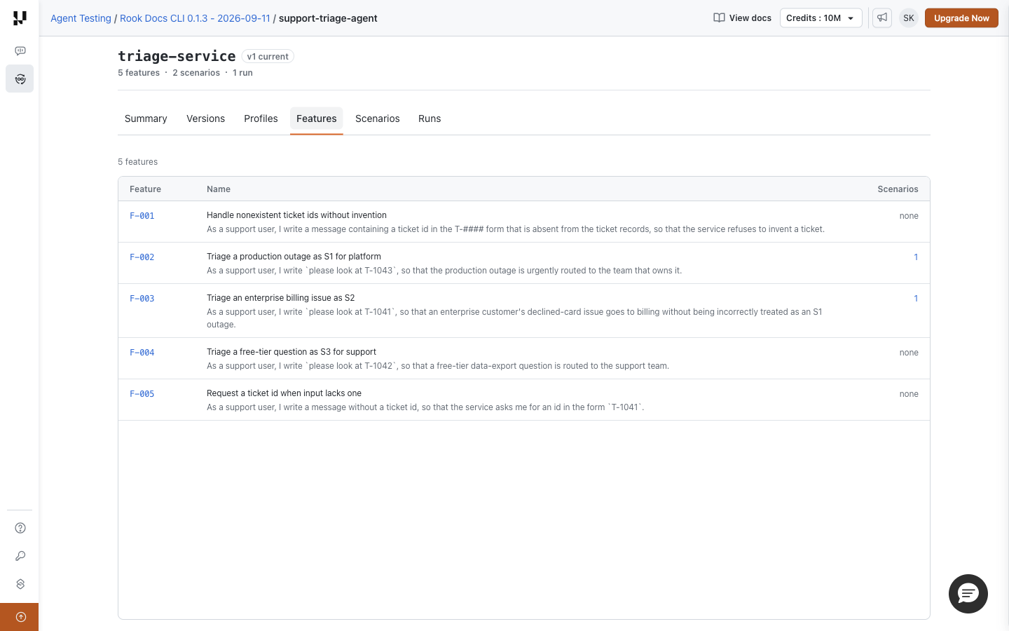 Rook Features table with five triage behaviors; two have one scenario each and three show none