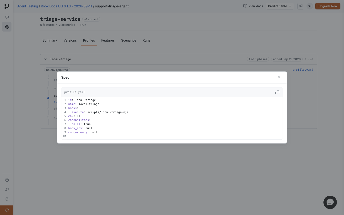 Hosted profile YAML with an empty environment requirement list for the unauthenticated triage sample