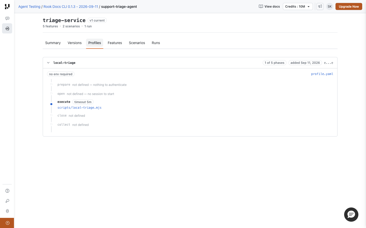 Hosted Profiles phase timeline showing local-triage with only execute configured and a five-minute timeout