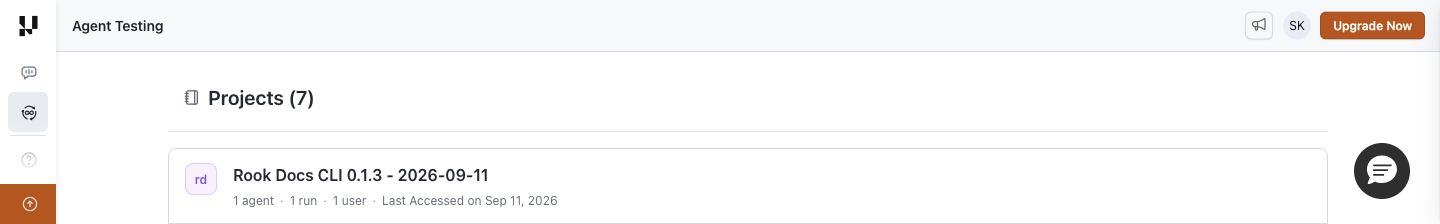 Top of the Rook Projects page showing the documentation test project and its agent, run, user, and last-accessed information