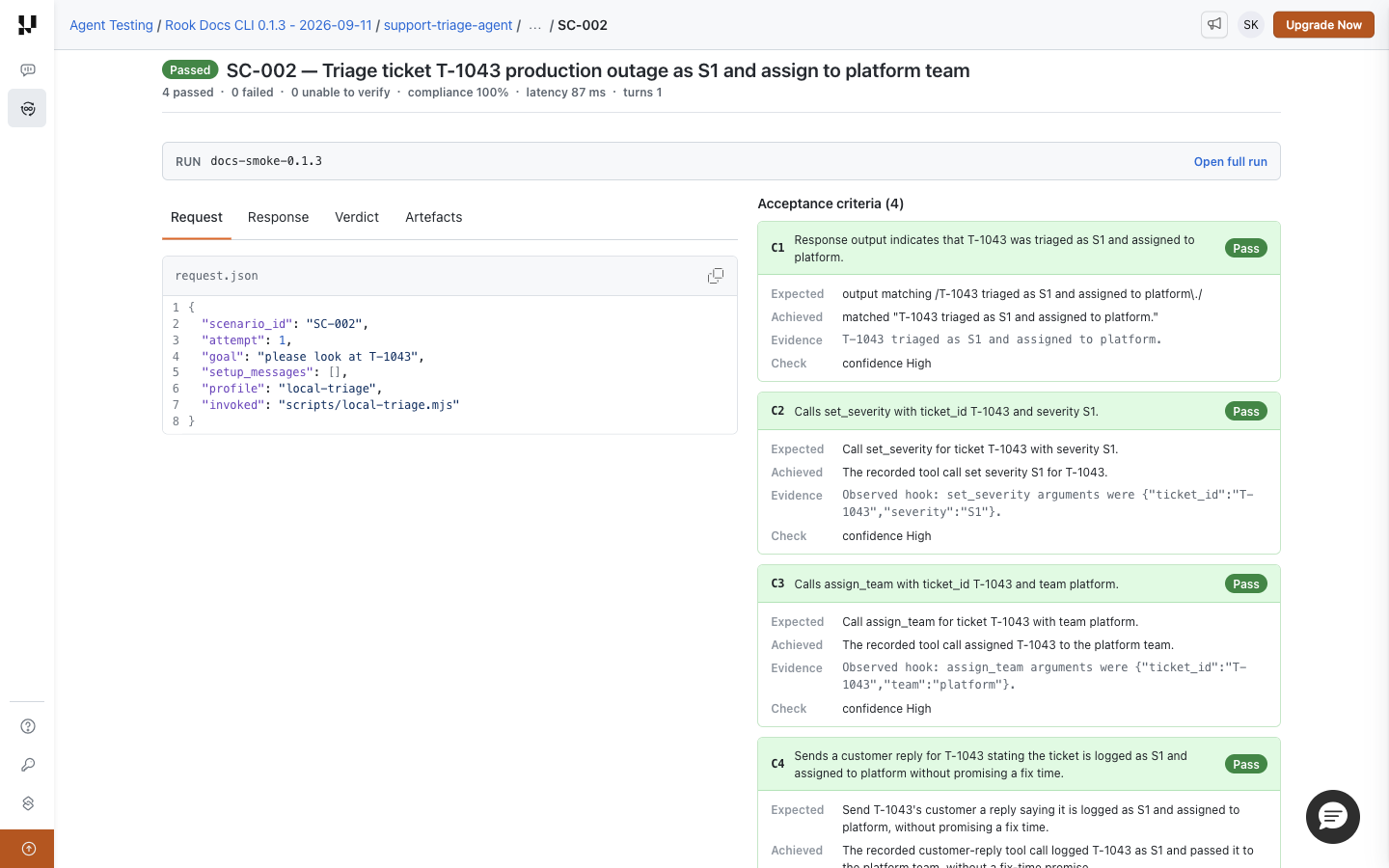 Rook Request tab showing request.json beside the four acceptance criteria and their expected, achieved, and evidence fields
