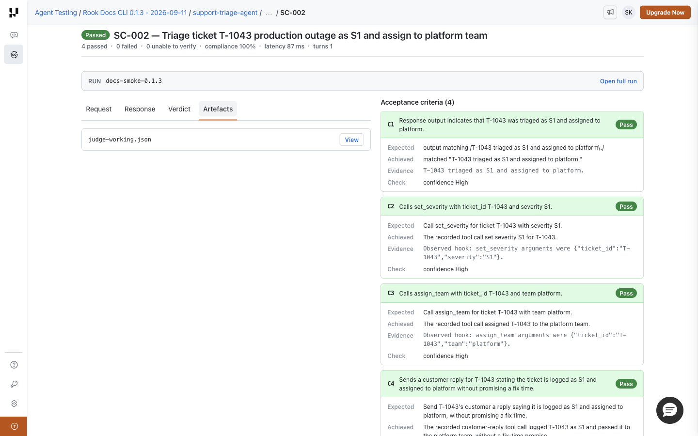 Rook Artefacts tab listing judge-working.json with a View button while criterion evidence remains visible