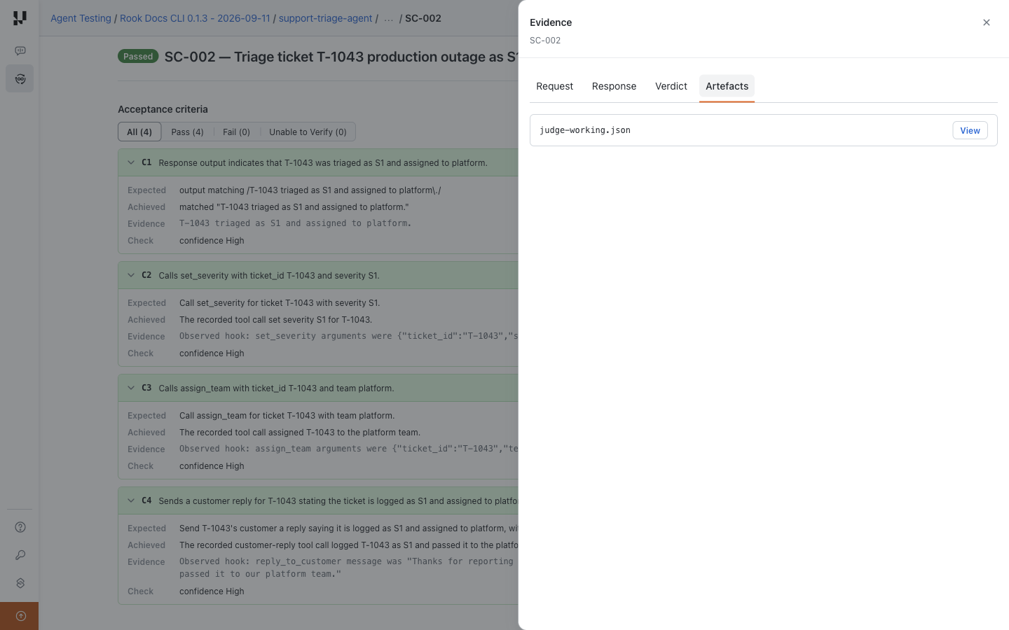 Hosted evidence drawer with Artefacts selected and judge-working.json available for inspection