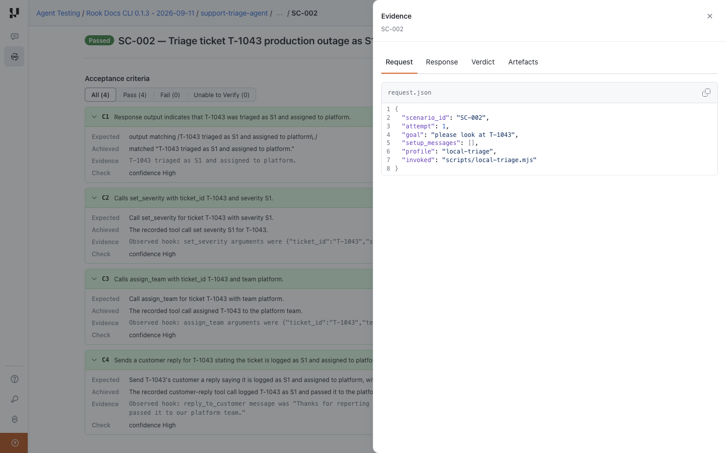 Rook evidence drawer with Request selected and request.json showing the scenario goal and invocation profile