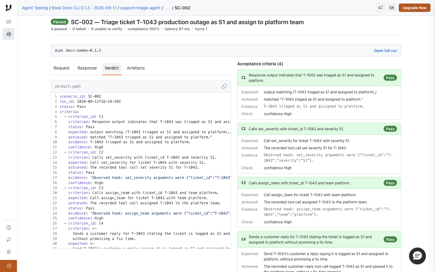 Rook Verdict tab showing the recorded verdict.yaml next to the readable acceptance-criteria cards