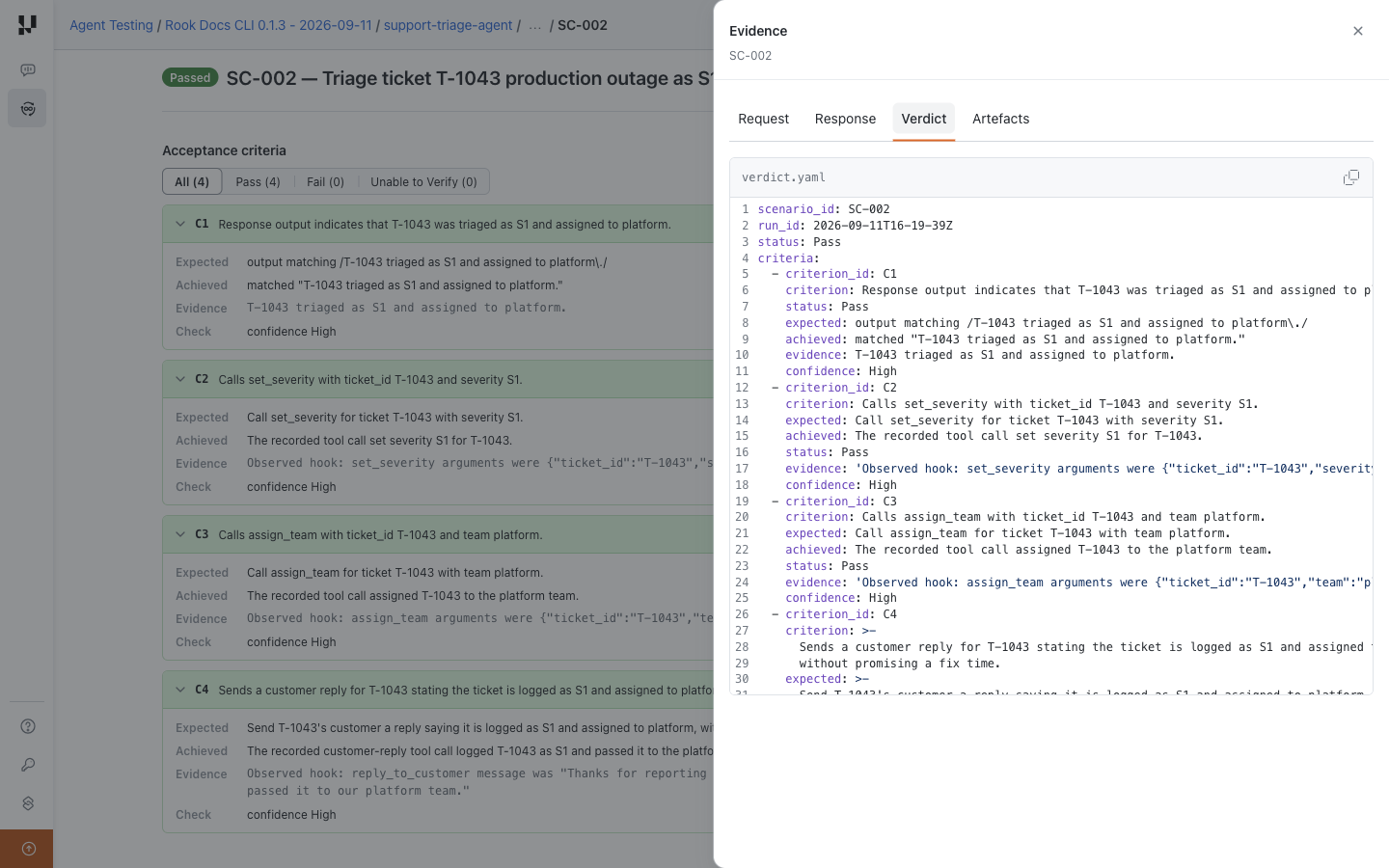 Hosted quickstart result with verdict.yaml open in the evidence drawer